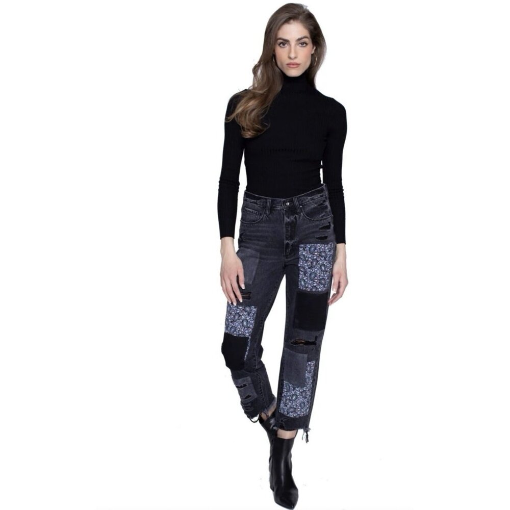 Blue Revival Paisley Pol Patchwork Distressed Black Stone Jeans Women’s 24 $149